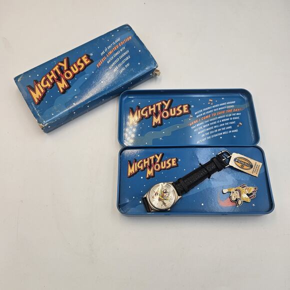 Mighty Mouse New Fossil Made LTD, Rare In Flight 3-D Look Dial Watch with Tin - Picture 1 of 8